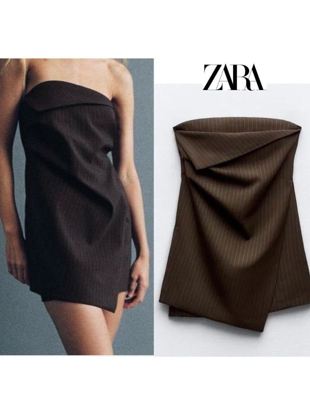 Zara brown blue micro pinstripe strapless mini dress Sz S NWOT new without tag